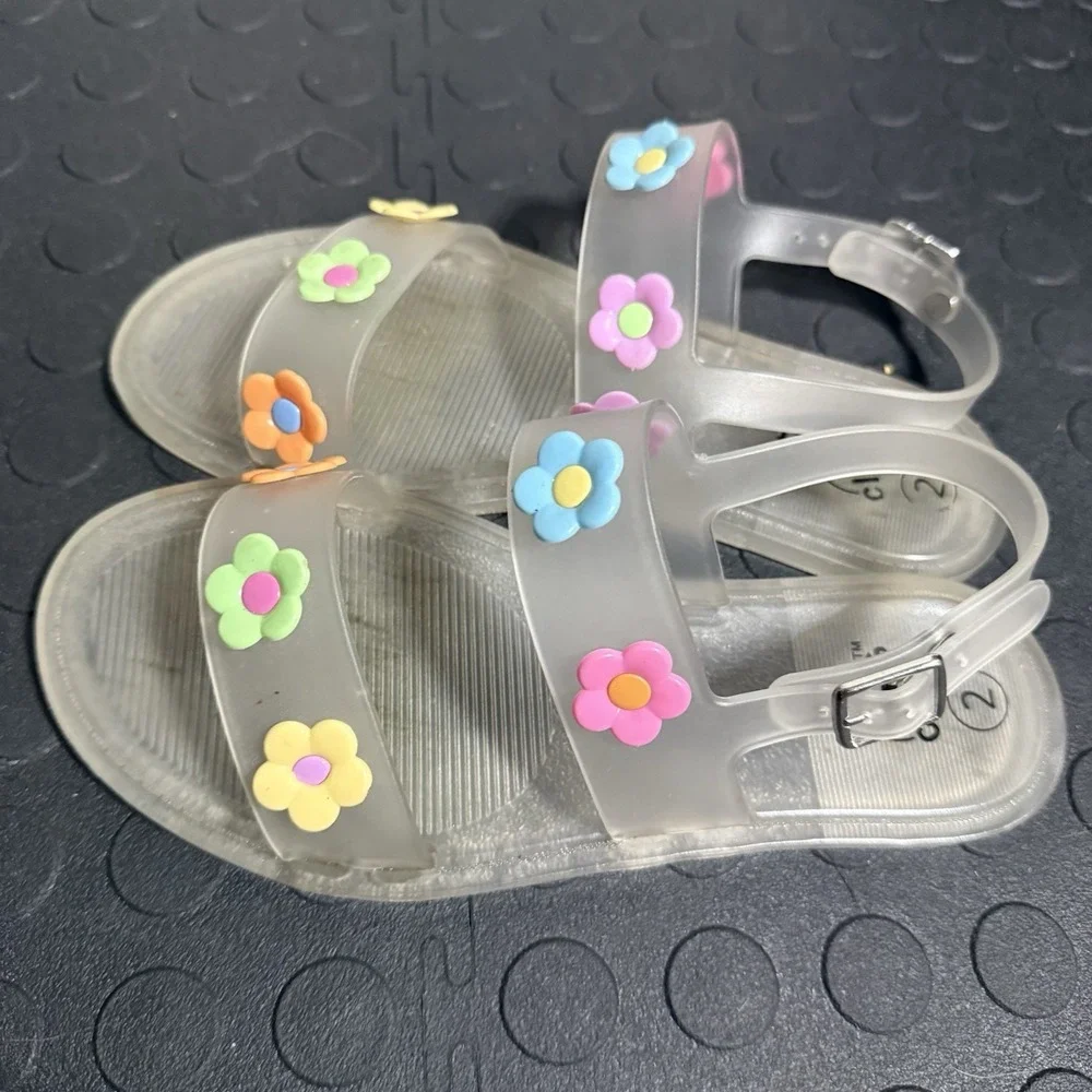 Girls Flower Jelly Adjustable Buckle Ankle Sandals Clear Sz 2 Art Class Y2K